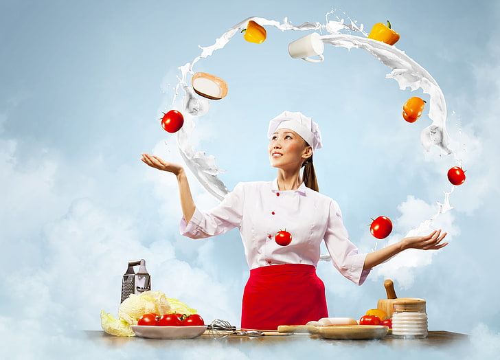 women's white and red chef uniform, girl, smile, eggs, milk, kitchen