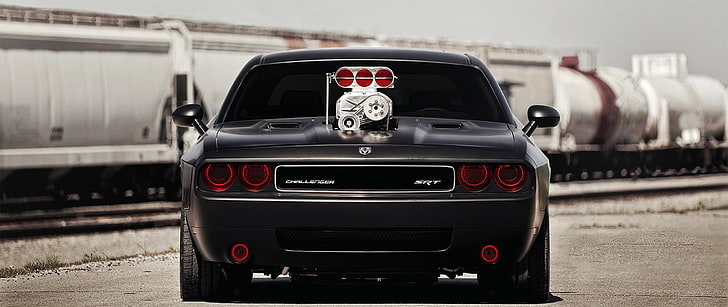 black car, ultra-wide, Dodge, Dodge Challenger Hellcat, transportation, HD wallpaper