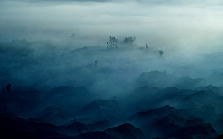 foggy castle painting, mist, nature, landscape, morning, mountains