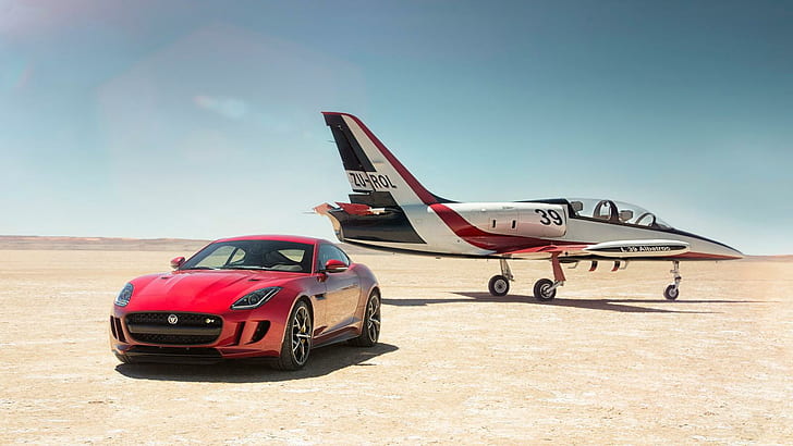 Jaguar F Type R AWD Coupe With Plane 2016, cars, 2015, HD wallpaper