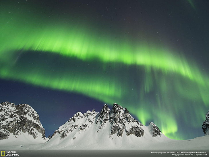 Aurora over moonlit mountain alaska-National Geogr.., snow, cold temperature