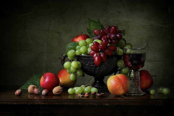 style, apples, grapes, vase, fruit, nuts, still life, a glass of wine