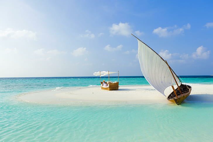 maldives, beach, tropical, sea, sand, island, boat, summer, HD wallpaper