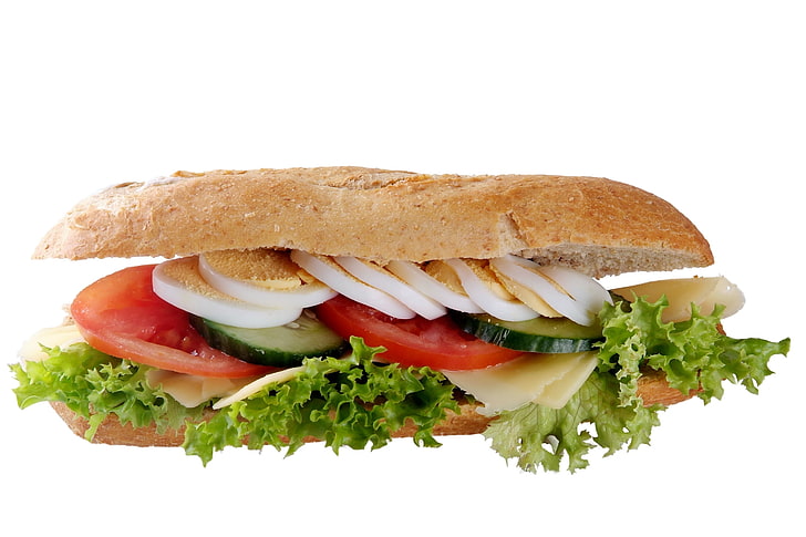 sandwich filled with assorted vegetables, bread, eggs, food, lettuce