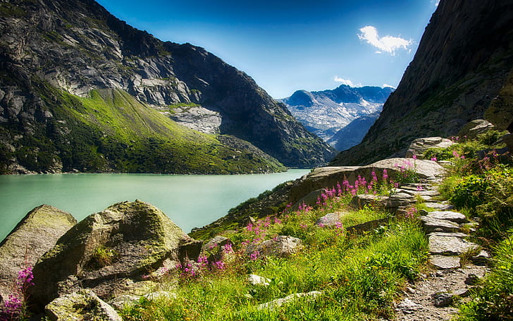 The Sunny Mountains Of The Caucasus Lake Stone Path Gorge Flowers Wallpaper For Computer Tablet And Mobile 3840×2400, HD wallpaper