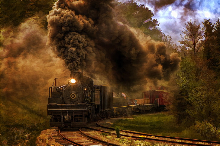 brown train, trees, steam locomotive, train - vehicle, rail transportation, HD wallpaper