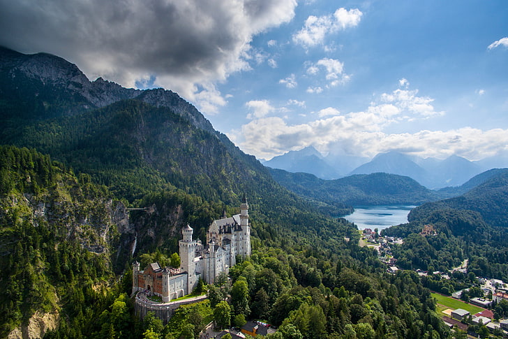 white castle, mountains, Germany, valley, Bayern, panorama, Bavaria