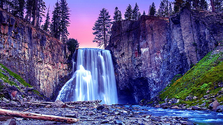 waterfall, forest, pines, amazing, stunning, HD wallpaper