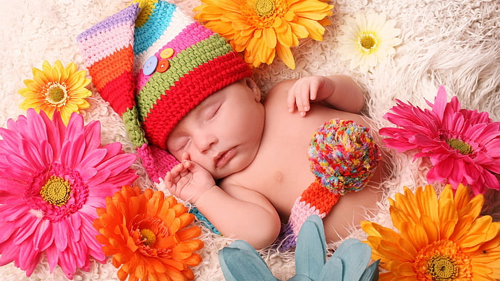 baby's multicolored knit cap, flowers, woolly hat, child, eyes closed, HD wallpaper