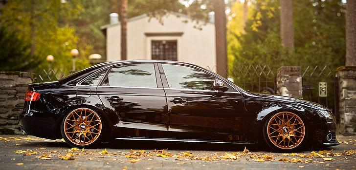 black sedan, autumn, leaves, Audi A4 B8, car, land Vehicle, transportation, HD wallpaper