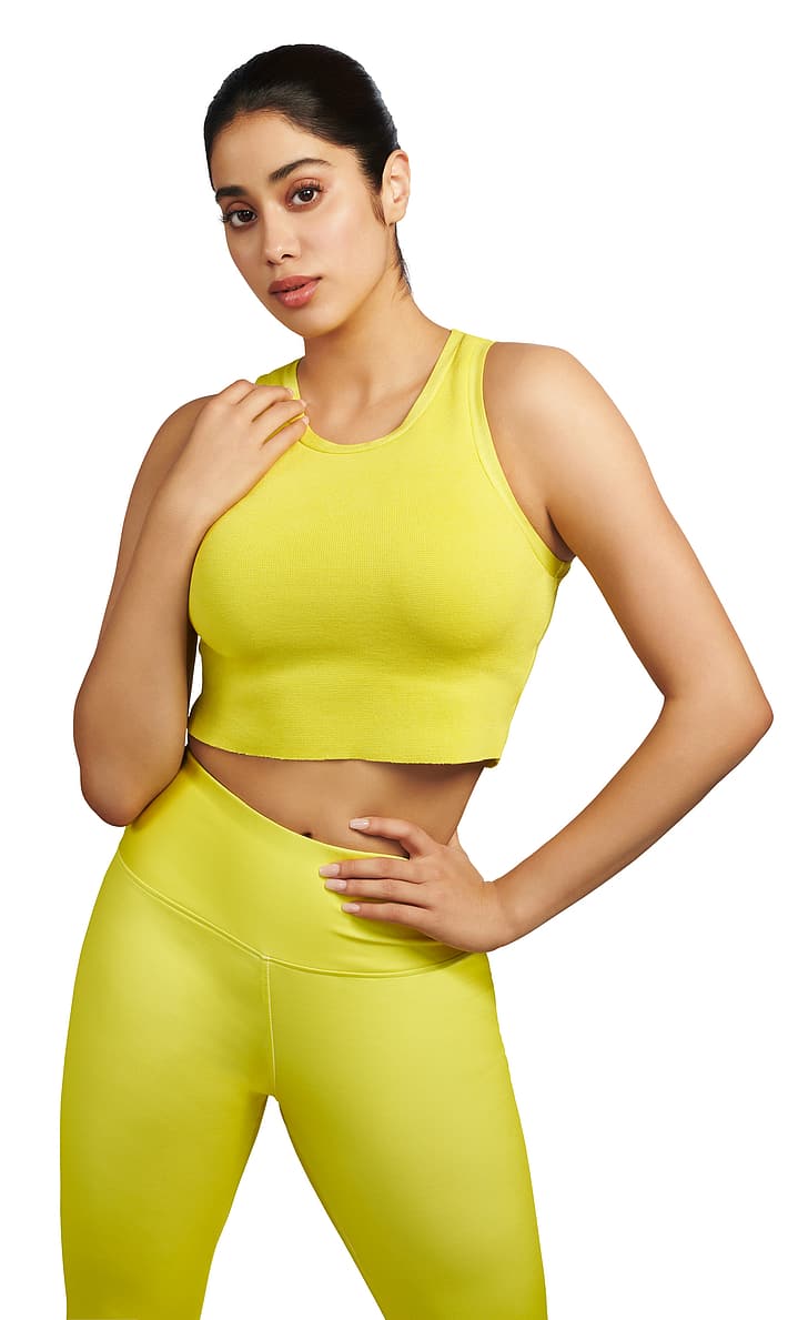 Janhvi Kapoor, celebrity, yellow dress, leggings, Bollywood actresses, HD wallpaper
