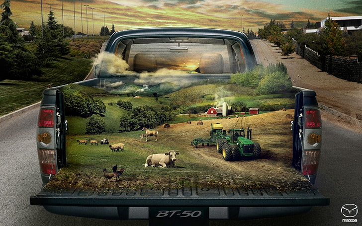 white and black cow, car, painting, 3D, farm, tractors, surreal