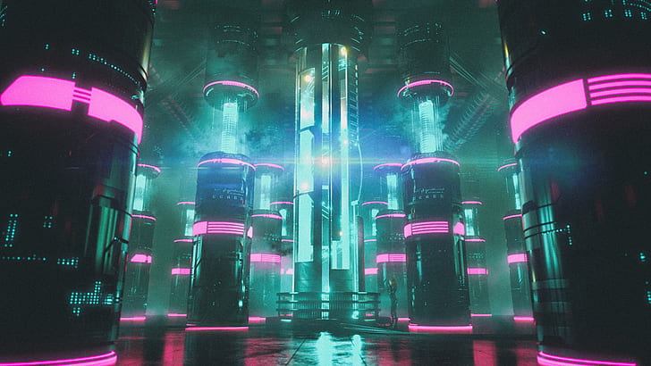 David Legnon, cyberpunk, engine, room, pillar, neon glow, pink, HD wallpaper