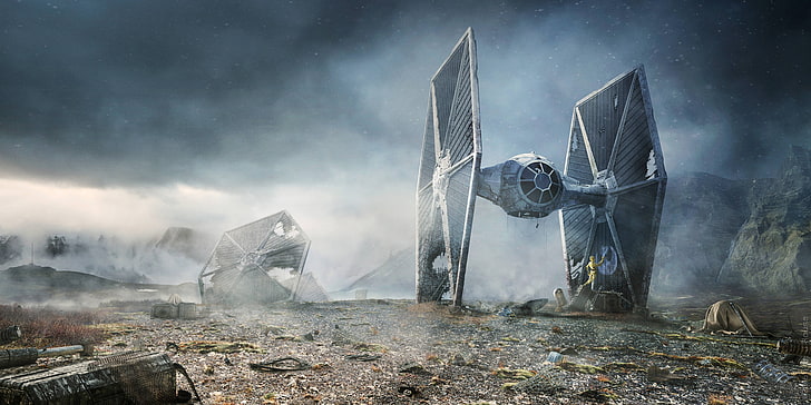 Star Wars illustration, TIE Fighter, C-3PO, R2-D2, fog, architecture