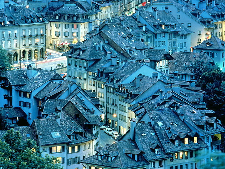 aerial photo of buildings, city, Switzerland, Bern, building exterior