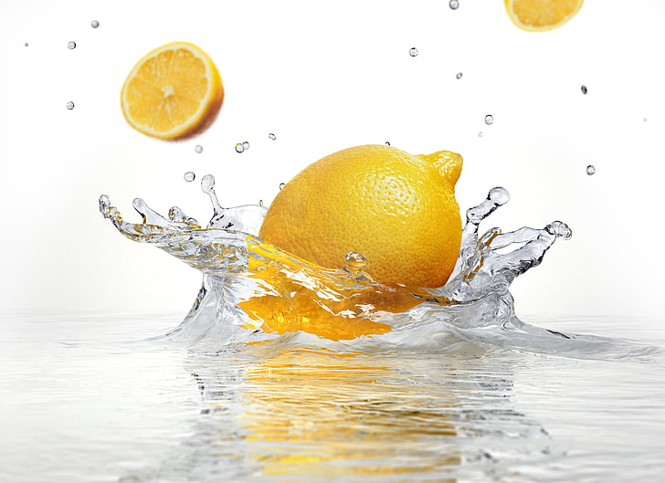 lemon citrus fruit, water, squirt, white background, sprays, freshness, HD wallpaper