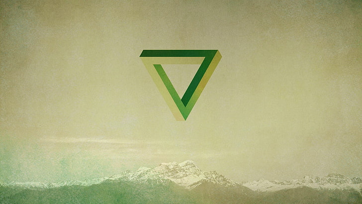 green logo, Penrose triangle, geometry, mountains, sign, arrow symbol