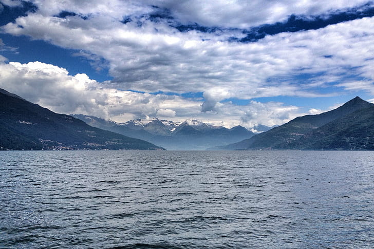 photo of mountains and sea, lake como, lake como, cc, cloudy