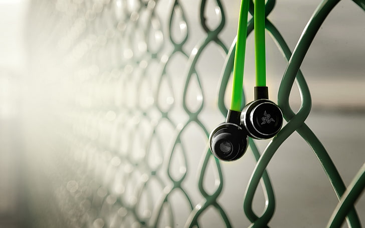 green and black earphone, headsets, music, fence, Razer, macro, HD wallpaper