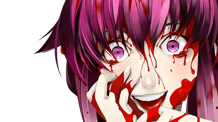 purple haired woman with blood stain on her face anime character