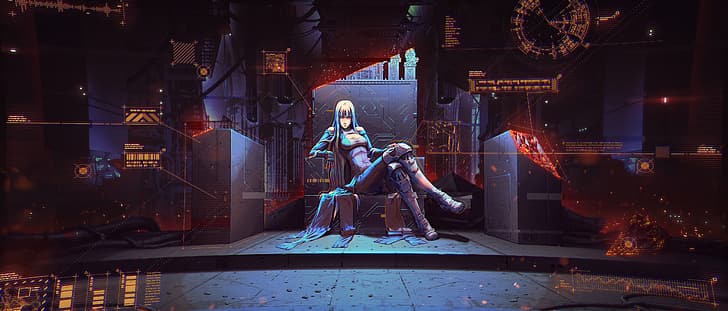cyberpunk, throne, tech, technology, cybergirl, HD wallpaper