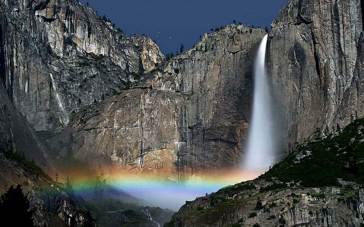 The Yosemite Falls Moonbow, yosemite falls, stars, park, nature, HD wallpaper