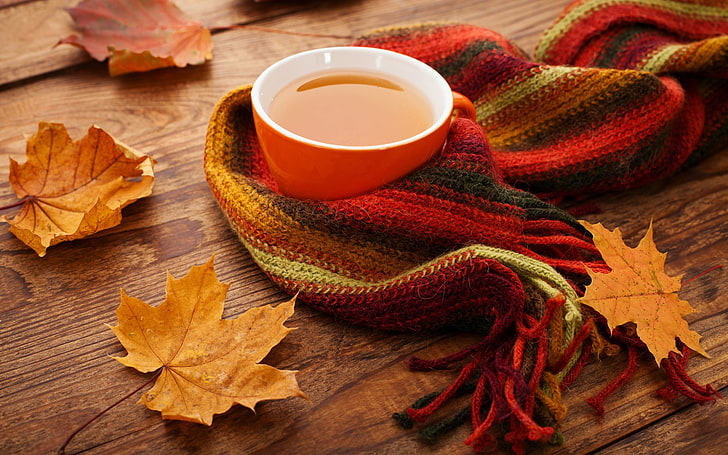 Autumn Leaves Tea Cup Scarf, red ceramic coffee mug, Nature, Food