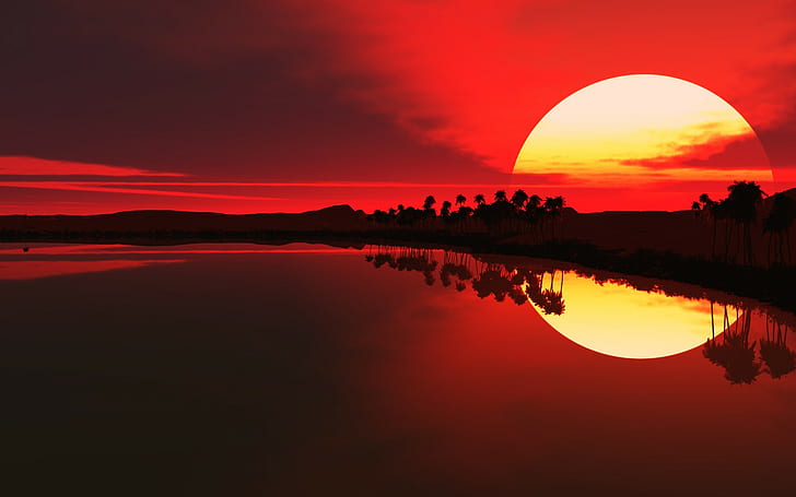 sunset, Red sun, beach, sky, reflection, red background, nature