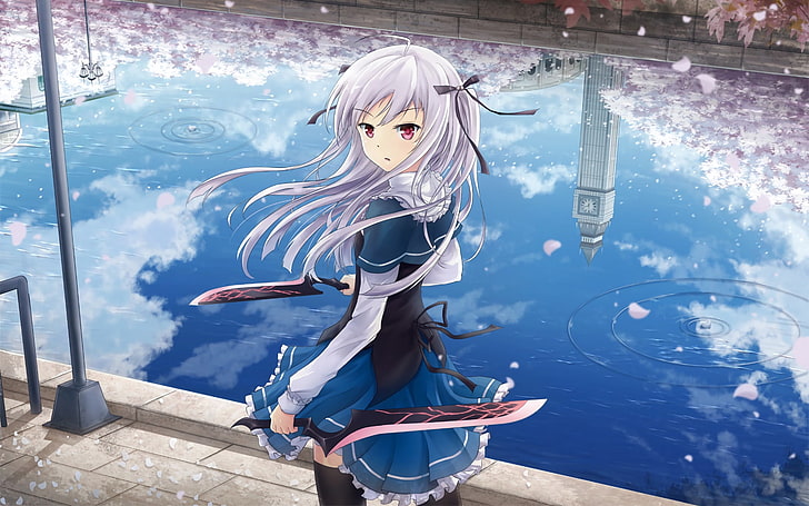 Absolute Duo , Sigtuna Julie, reflection, white hair, hair bows