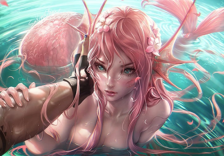 anime, anime girls, mermaids, tail, tattoo, wet, pink hair