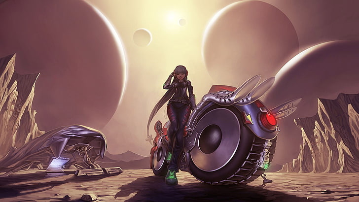 woman with motorcycle illustration, artwork, spaceship, fantasy art, HD wallpaper