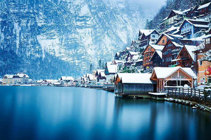 HD wallpaper: Austria, Hallstatt, brown wooden house, snow, winter, landscape | Wallpaper Flare