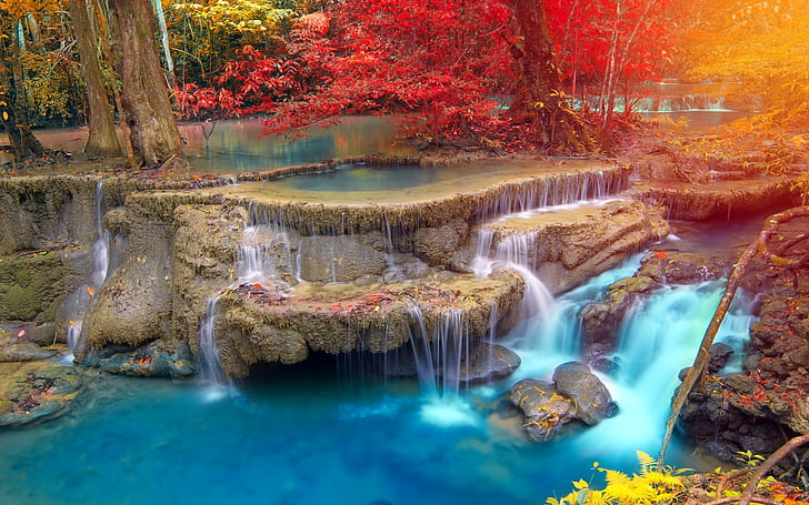 Thailand, fall, colorful, trees, landscape, waterfall, tropical, HD wallpaper