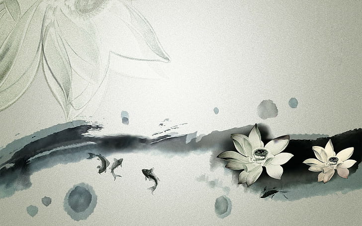 Fish Koi Fish Flowers Drawing Asian HD, digital/artwork, HD wallpaper
