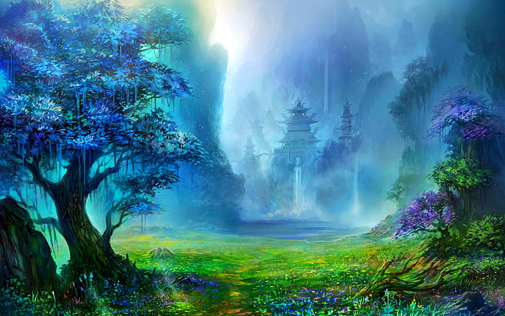 castle painting, fantasy art, pagoda, Asian architecture, trees
