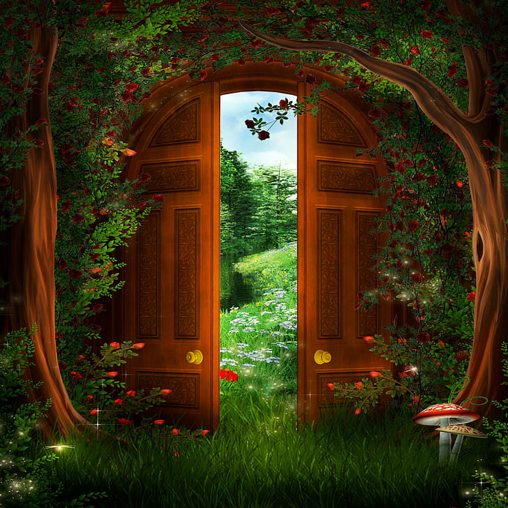 HD wallpaper: Dream Garden, brown and green flowers and door painting,  outer space | Wallpaper Flare