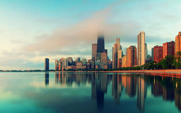 Chicago, Illinois, city skyscrapers, water, fog