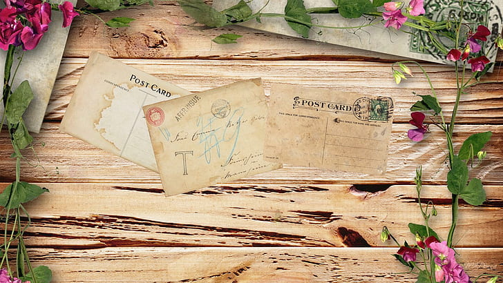 Post Cards Flowers On Wood, spring, postal, vintage, antique, HD wallpaper