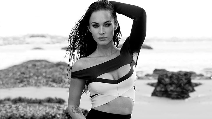Megan Fox, monochrome, arms up, tattoo, cleavage, actress, women