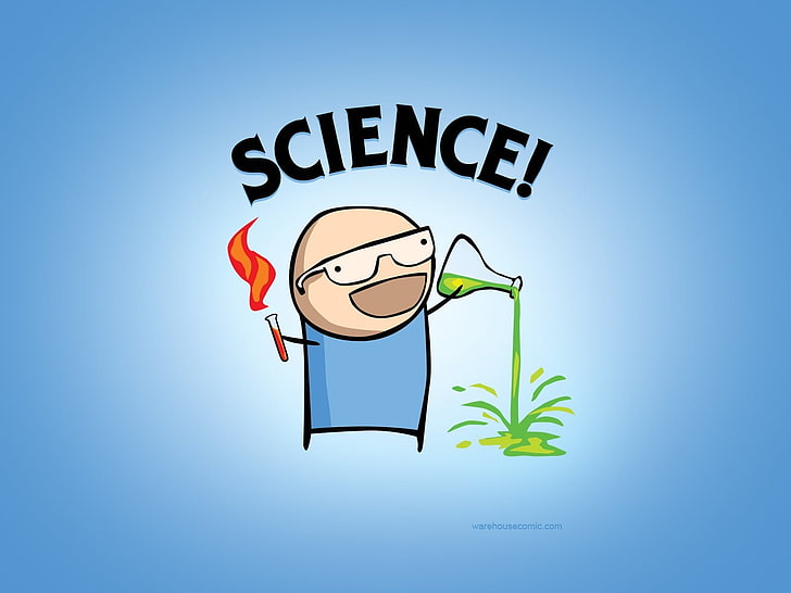 Science! illustration, humor, simple background, blue, text, communication