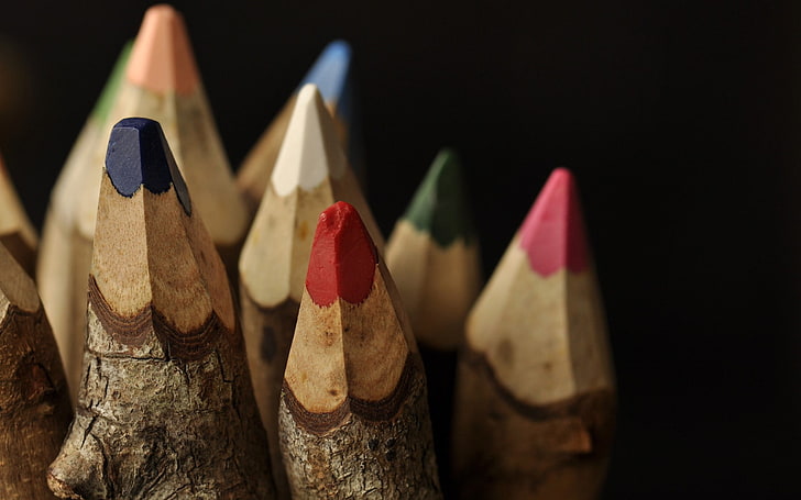 assorted-color pencil lot, close up photo color pencils, macro