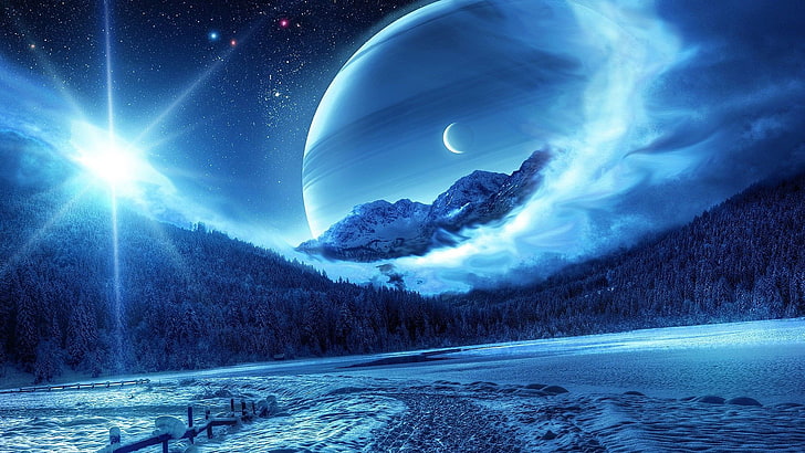 fantasy landscape, fantasy art, planet, freezing, winter, mountain, HD wallpaper