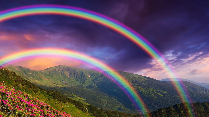rainbow, double rainbow, nature, sky, purple sky, landscape