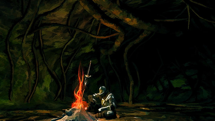 warrior beside bonfire painting, Dark Souls, artwork, video games, HD wallpaper