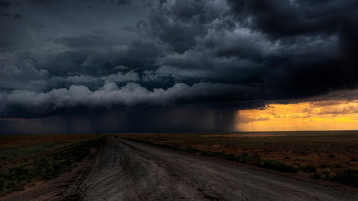 stormy, rain, dark clouds, bad wather, dirt road, landscape, HD wallpaper