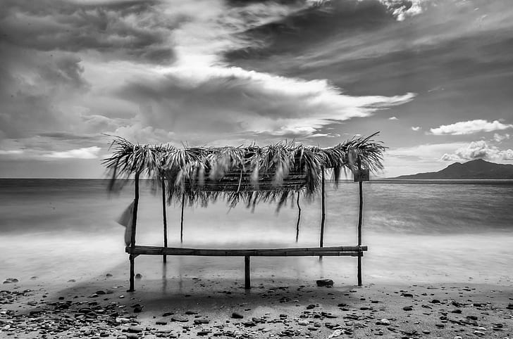 grayscale photography of hut on seashore, DSC, jpg, batangas  batangas