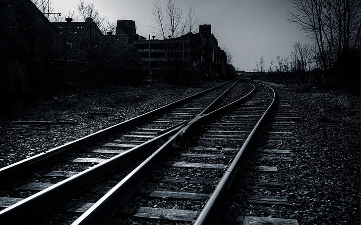 gray train railways, sky, evening, black and white, railroad Track