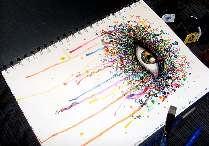 brown eye painting, love, multi colored, high angle view, paper