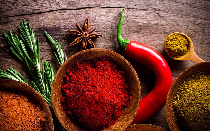 chili powder and red chili pepper, spices, vegetables, seasoning, HD wallpaper
