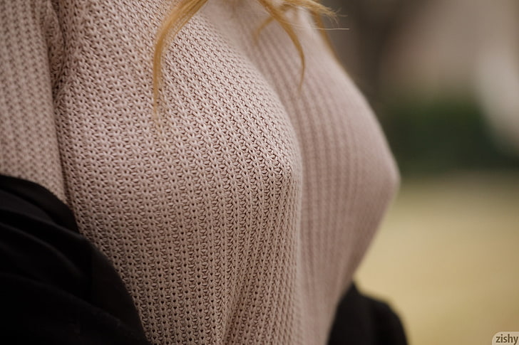 women, model, hard nipples, white sweater, zishy, blonde, close-up
